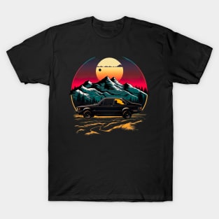 Vintage classic car in mountain roads during sunset T-Shirt